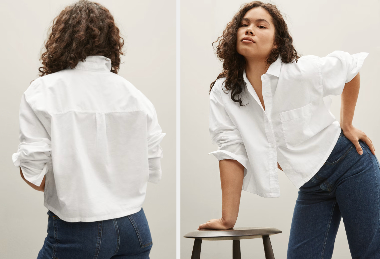 Two images of a model wearing the white cropped shirt