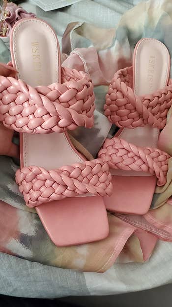 reviewer image of the two-strap braided heels in peach