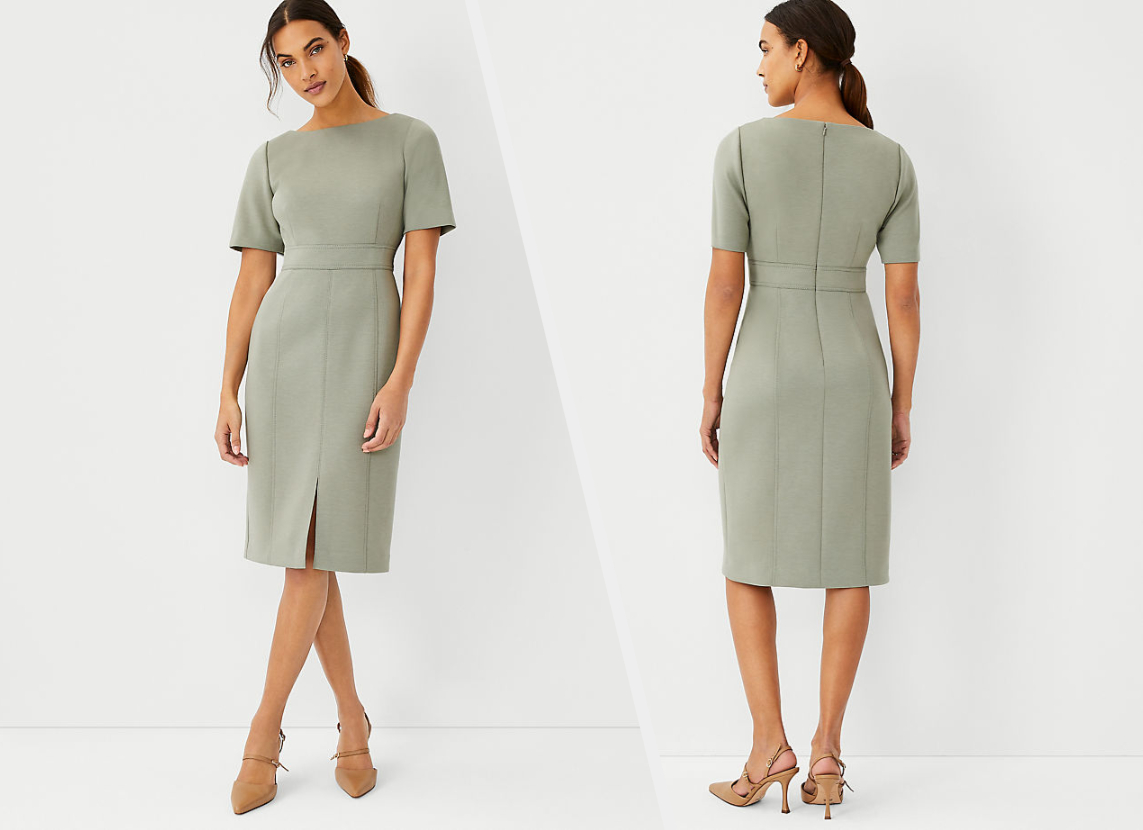 Two images of a model wearing a green dress