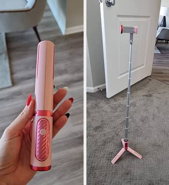 a reviewer holding the closed selfie stick and then showing it fully extended