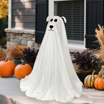Ghost costume shaped like a dog draped over a figure, surrounded by pumpkins on a porch, perfect for Halloween decor shopping