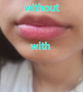 reviewer wearing the lipstick only on their bottom lips and you can see the lipstick gives a slightly pink and shimmery finish