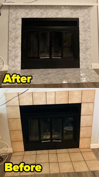 Fireplace before and after with updated tiling