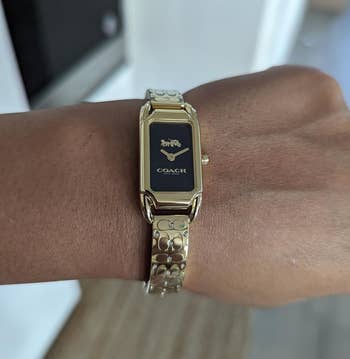 reviewer wearing the ticker with a golden ticker face