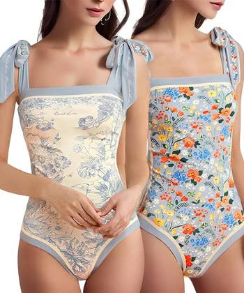 Two models wearing vintage-style bow-tied one-piece swimsuits with floral and bird prints