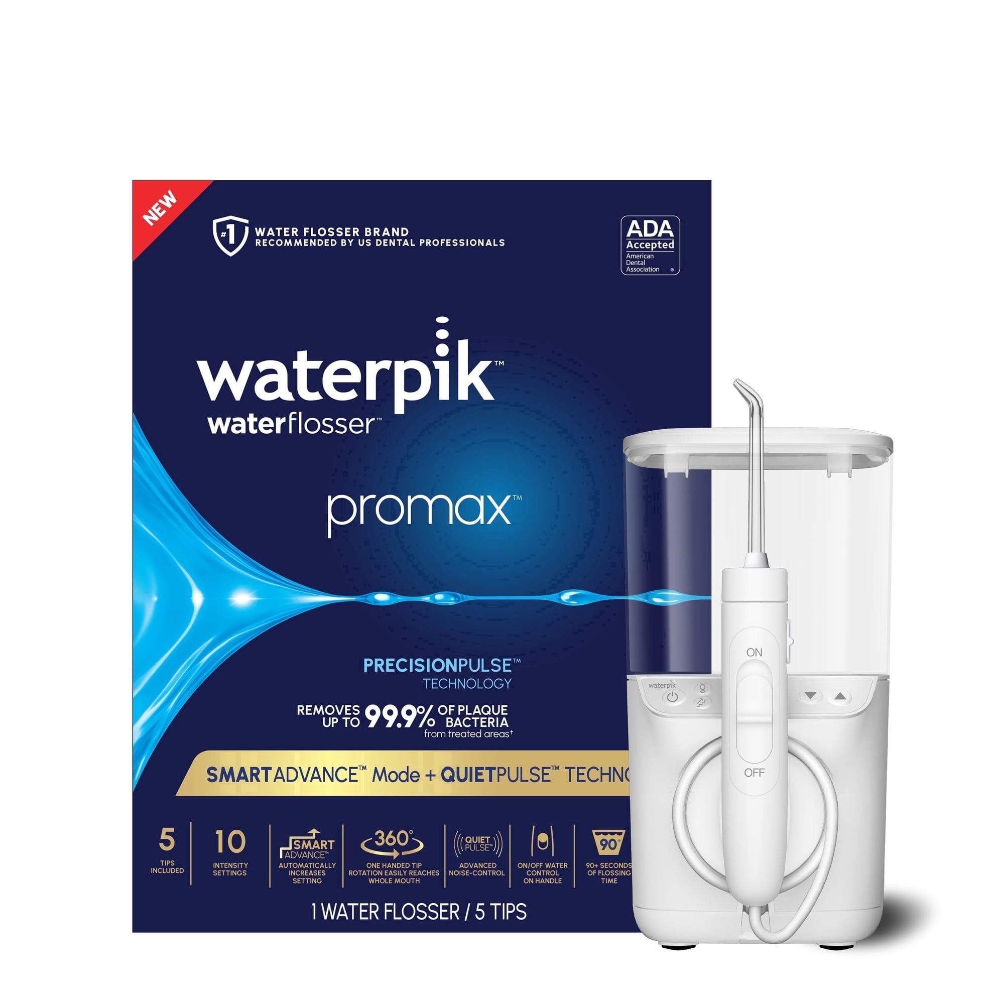 Waterpik Water Flosser Promax packaging, highlighting its plaque removal and ADA acceptance, with merchandise  shown adjacent  to the box