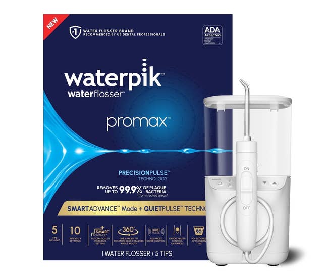 Waterpik Water Flosser Promax packaging, highlighting its plaque removal and ADA acceptance, with merchandise shown adjacent to the box