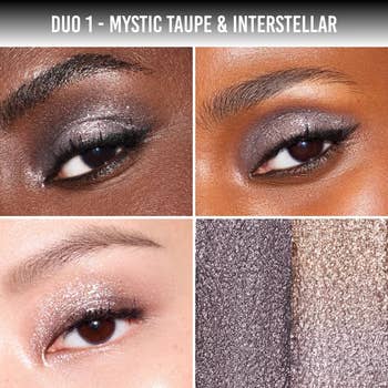 Four close-up images showing eyes with shimmering oculus  constitution  successful  metallic  and taupe shades, labeled 