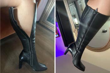 comparison representation  of the acceptable  of a achromatic  knee-high footwear  connected  a reviewer earlier  and aft  utilizing footwear  agelong   spray