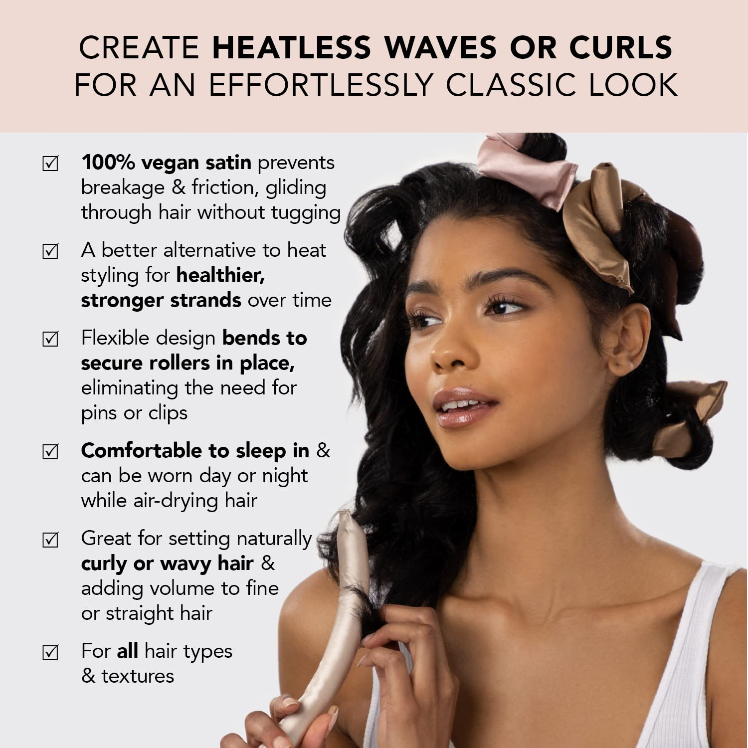 Woman utilizing satin hairsbreadth  rollers for a heatless hairstyle, merchandise  features listed alongside