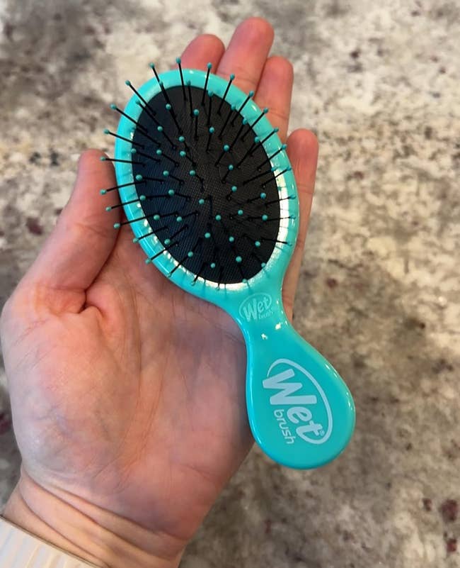 A reviewer’s hand holding a small Wet Brush hairbrush with soft bristles and a blue handle