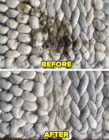 another reviewer's before/after photos of a soiled woven rug then looking clean with no stain after using the cleaner