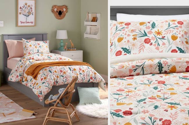 White and floral comforter with matching pillows and white sheets on a light wooden bedframe against a white wall, close up of product with orange, pink, and red flowers and ladybugs