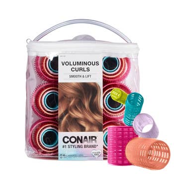 Conair hair rollers in a clear bag for creating voluminous curls, packaging visible