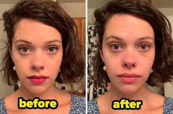 Reviewer wearing full face of makeup labeled before, and with all their makeup removed and a bare face after using the washcloth labeled after
