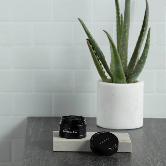 Jar of exfoliating scrub beside its lid on a bathroom counter, next to a potted aloe plant