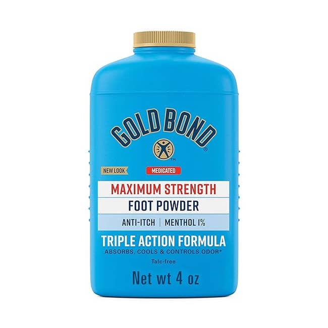 Gold Bond Medicated Foot Powder bottle, Triple Action Relief, 4 oz size, talc-free, on white background