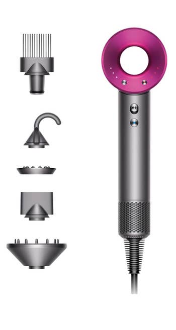 the hair dryer and its five attachments