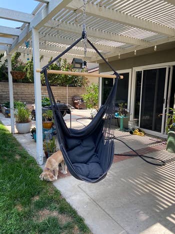 reviewer photograph  of the grey  seat  attached to ceiling slats of a backyard covered patio