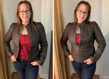 Two images of reviewer wearing brown jacket
