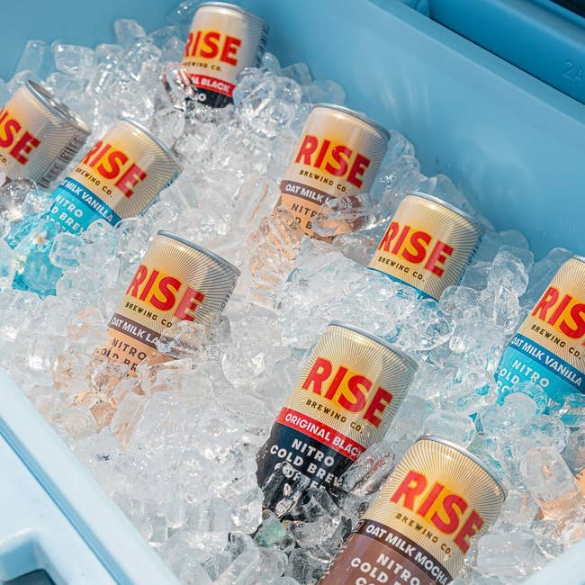 a cooler filled with rise brewing co nitro cold brew coffee