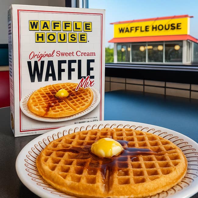 Box of Waffle House Original Sweet Cream Waffle Mix beside a plate with a waffle topped with butter and syrup. Waffle House sign visible outside