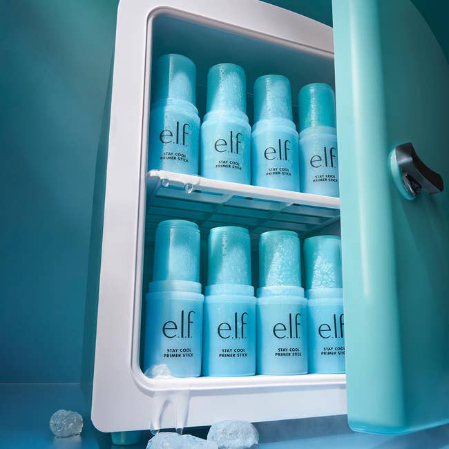 Mini fridge filled with e.l.f. Stay Cool Primer Sticks, immoderate crystal cubes melting nearby