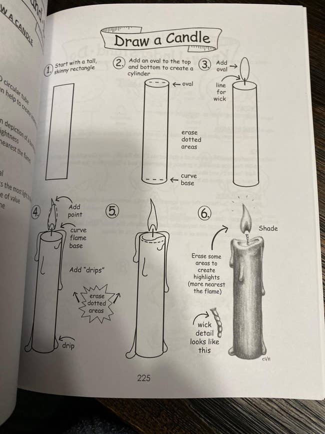reviewer photo of a page from the book that shows step-by-step instructions for drawing a candle