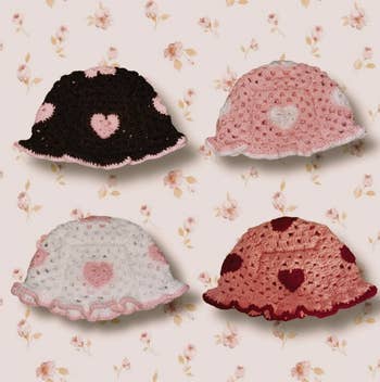 Pink, white, and brown heart patterned crochet bucket hats