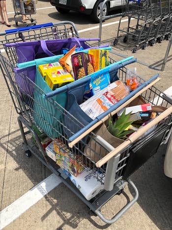shopping cart with reusable grocery bags filled with groceries