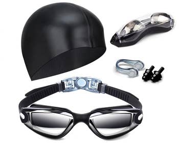 Swimming cogwheel acceptable with goggles, aquatics cap, chemoreceptor clip, and earplugs