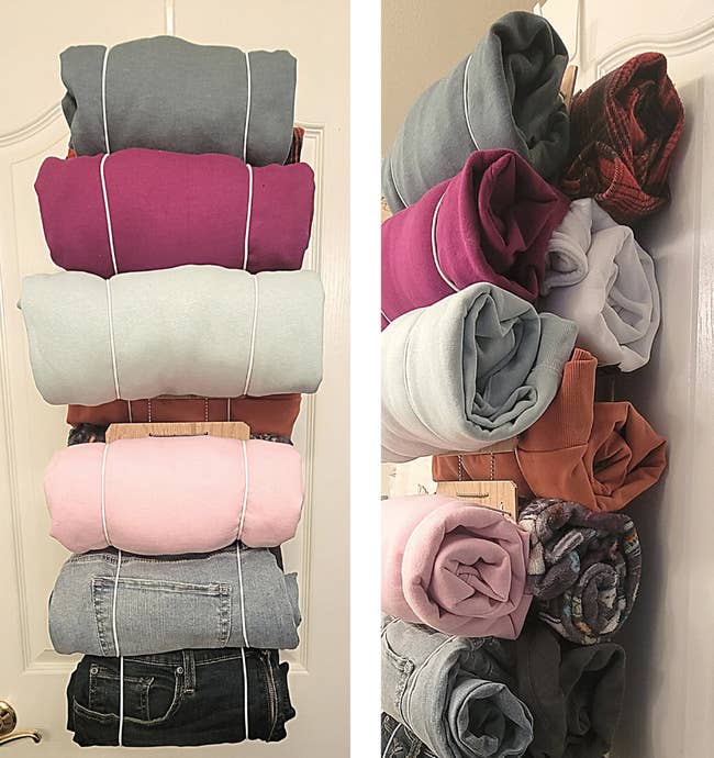 Front angle of sweatshirts and jeans rolled up in this organizer / side angle of the same photo