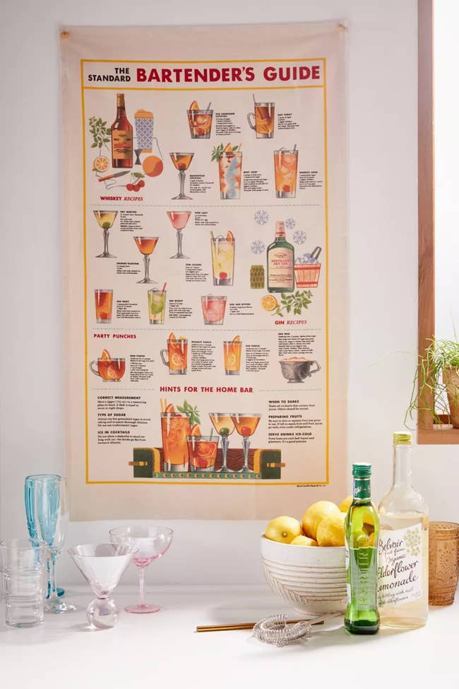 A hanging fabric tapestry with painted images of cocktails and instructions for how to make them 