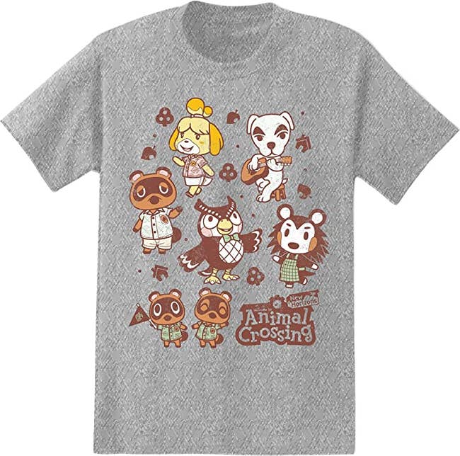 a gray t-shirt with animal crossing characters on it