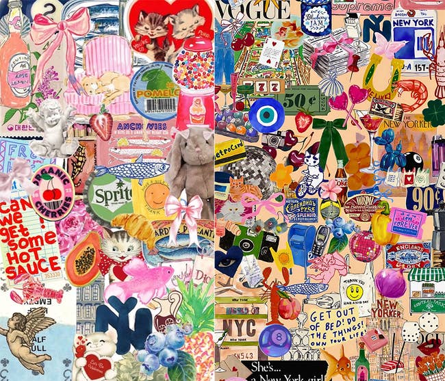 Collage of assorted  vintage-style stickers and cutouts, including cats, flowers, and mag  clippings for a vibrant, nostalgic aesthetic