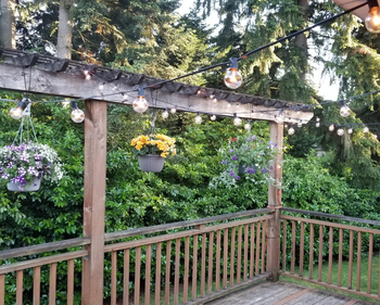 reviewer photo of the string lights lit up during the day and hanging over a backyard deck