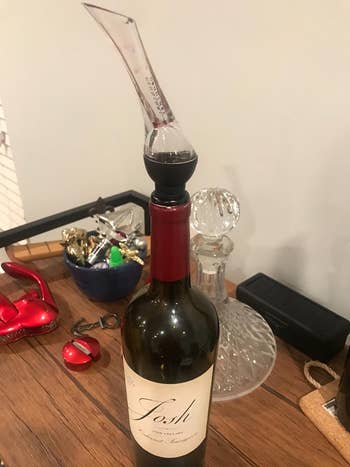 Reviewer image of the wine aerator on a wine bottle