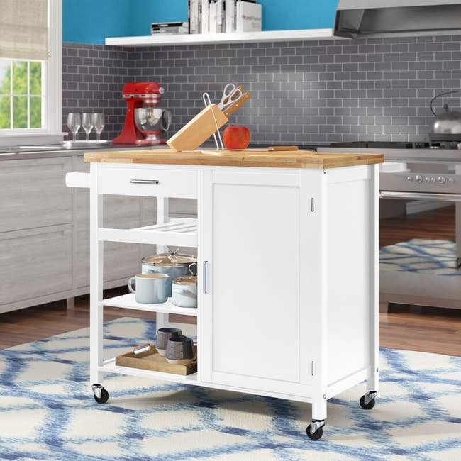 white kitchen island cart with wheels, shelvi