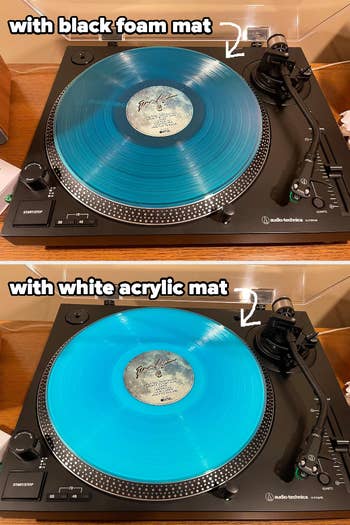 a blue record on a turntable with and without the white turntable mat, showing how much. more vibrant it looks