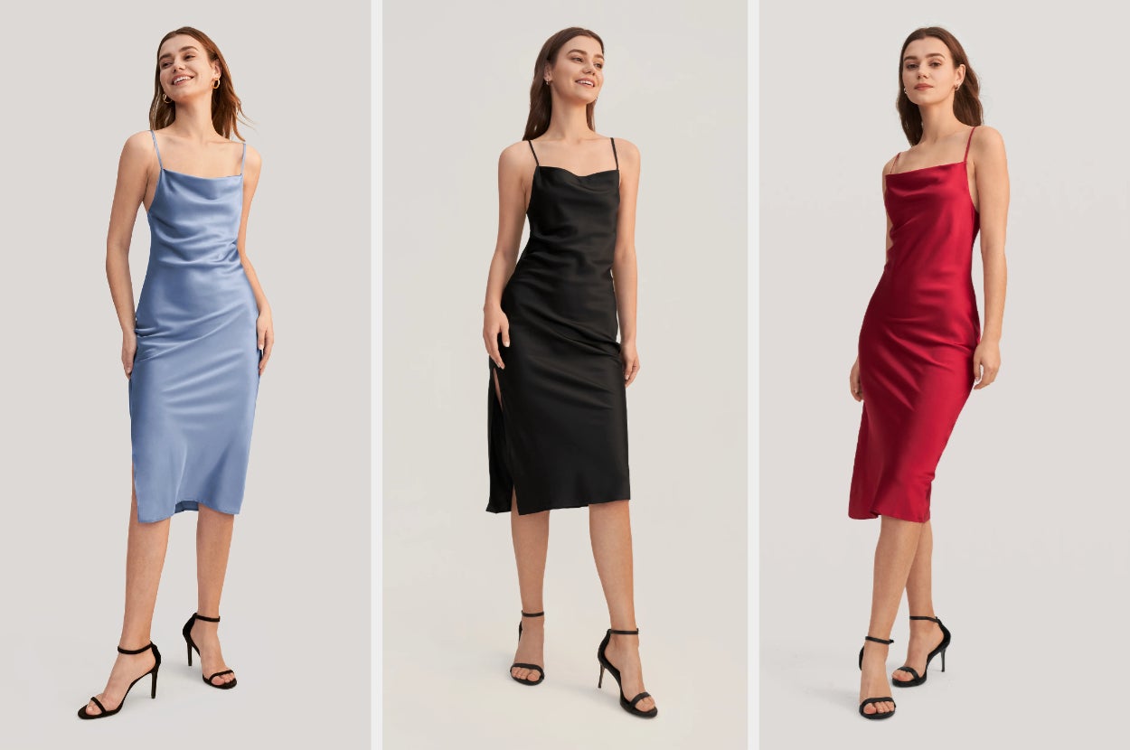 Models wearing cowl neckline spaghetti strap silk midi dress in light blue, black, and red, with side slit and black heels