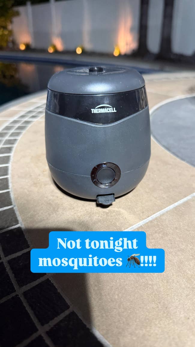 Thermacell mosquito repellent instrumentality connected a patio adjacent a pool