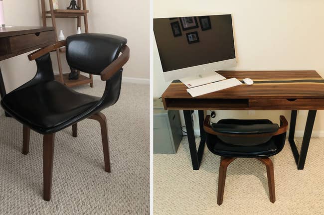 Reviewer image of black leather and dark wood chair side-view in front of desk, back-view of chair in front of wooden desk with computer on top