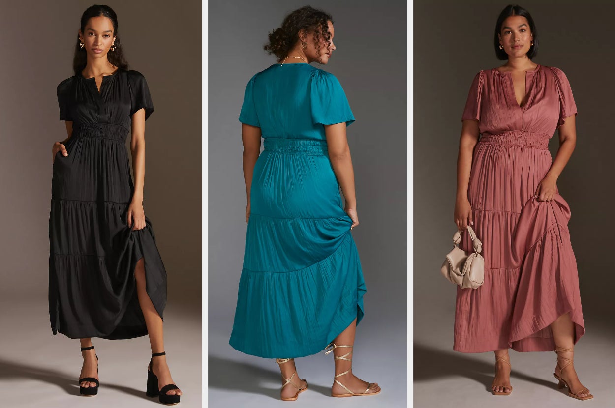 Three images of models wearing black, blue, and pink dresses
