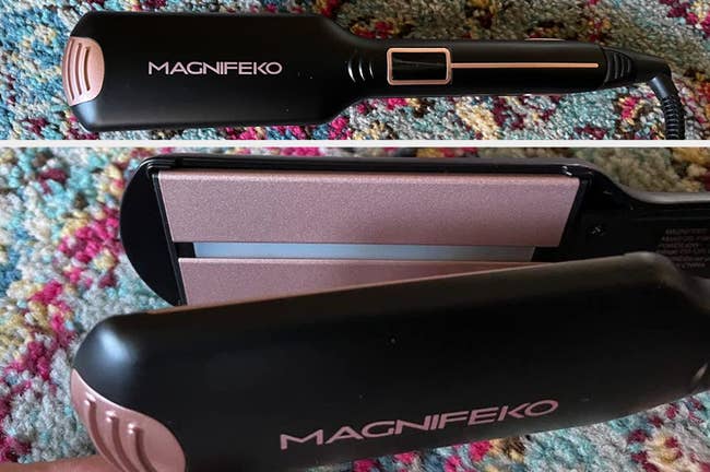 Reviewer image of close-up and zoomed out photo of black an pink wide-plated hair straightener