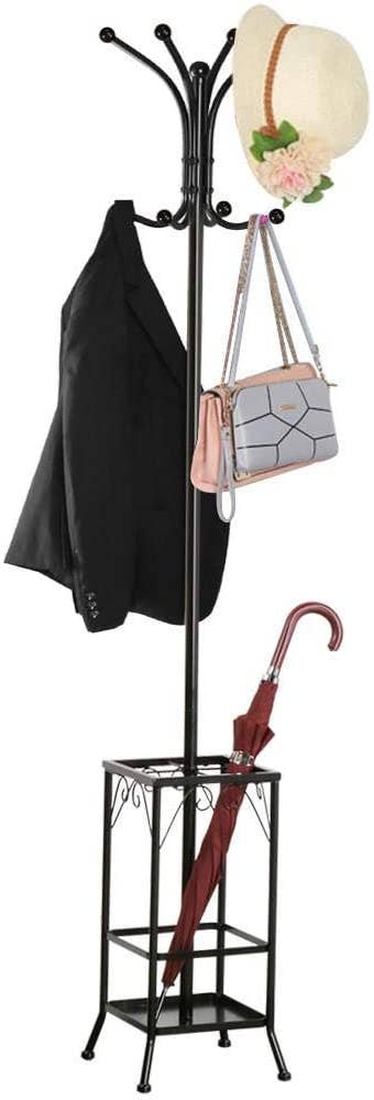 Image of the black coat rack with a hat, jacket, purse, and umbrella