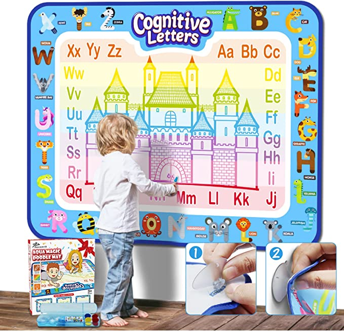 A child using a doodling mat that is 40 inches by 32 inches The mat is hanging on a wall and has the alphabet and animals around the frame and in the center of the mat is a rainbow castle
