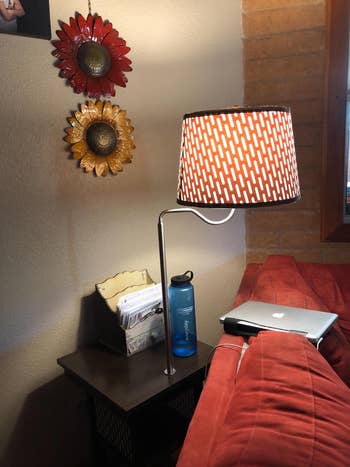 another reviewer's broadside  array  with lamp attached down  a reddish  sofa