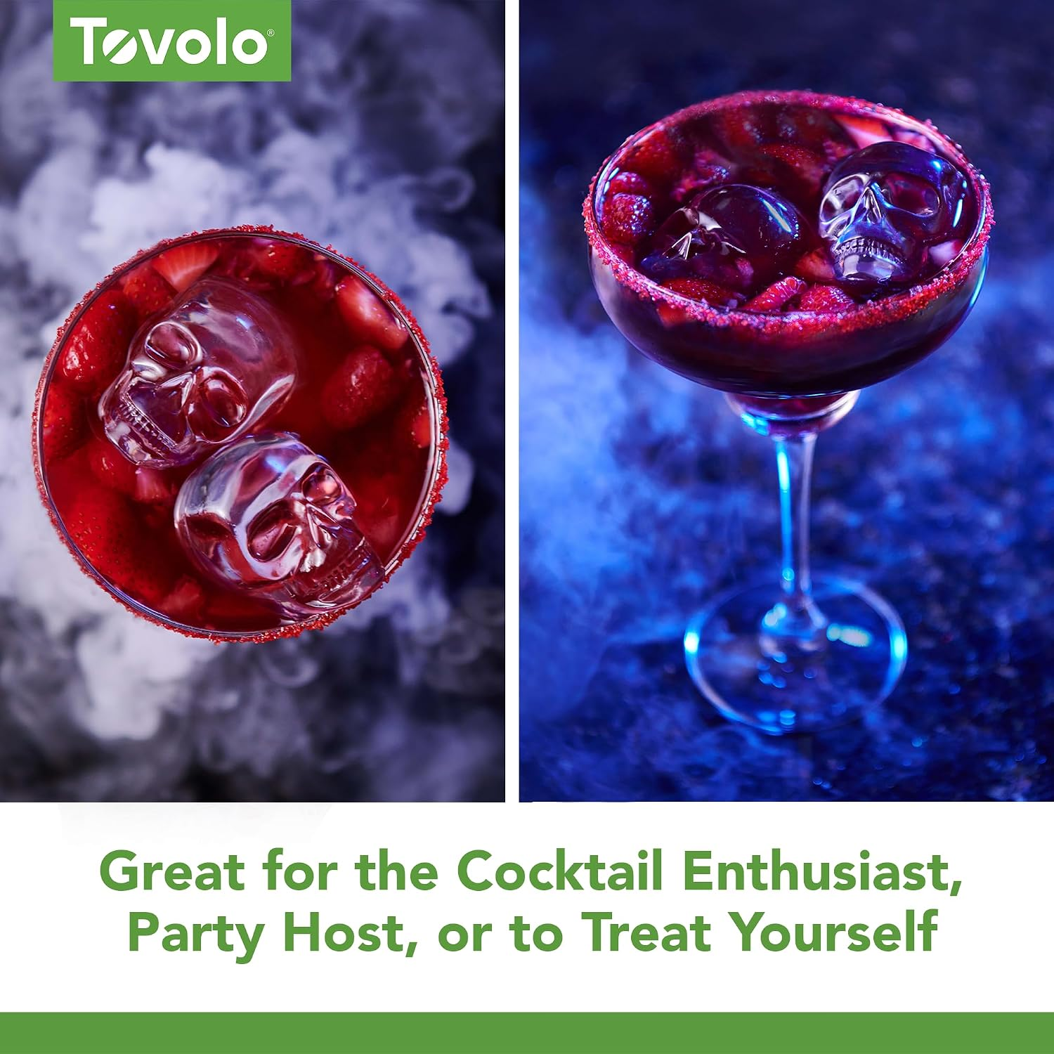 Two cocktail glasses with skull-shaped ice