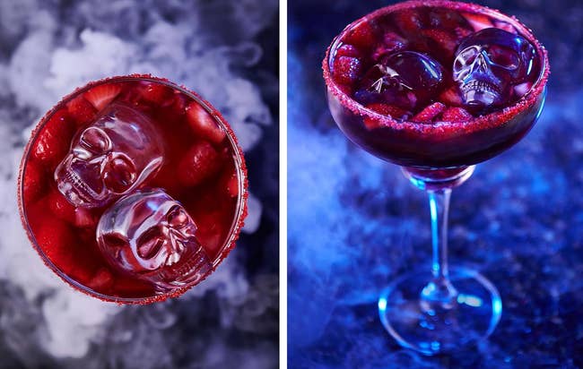 Two cocktail glasses with skull-shaped ice