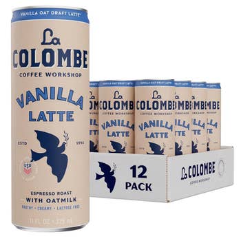 La Colombe Vanilla Latte successful  a tin  with oatmilk, shown successful  a 12-pack box. Espresso roast, creamy, lactose-free